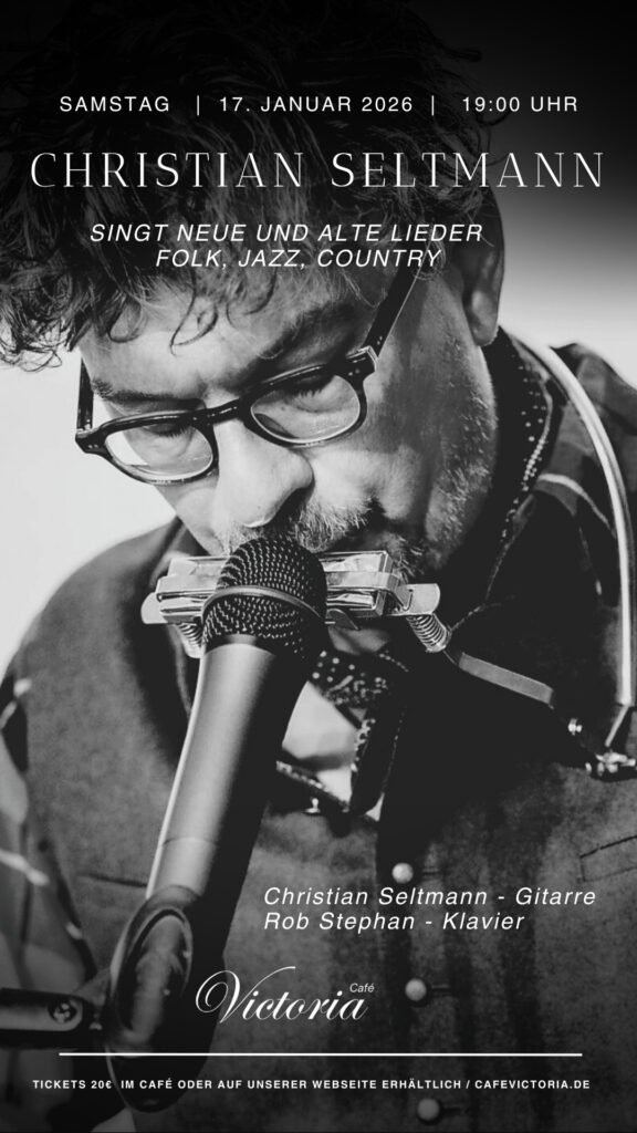Schwarz-Weiß-Konzertplakat: Christian Seltmann live, Folk, Jazz, Country.