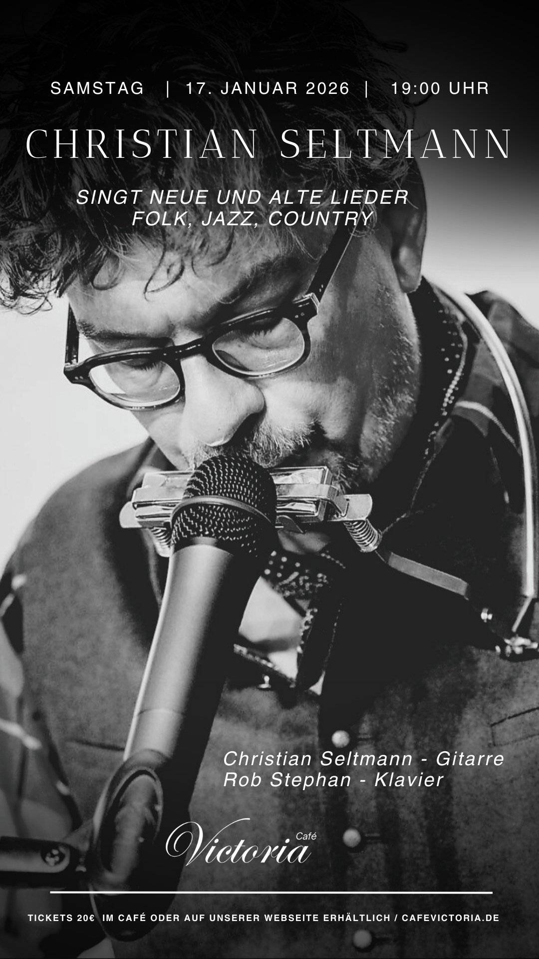 Schwarz-Weiß-Konzertplakat: Christian Seltmann live, Folk, Jazz, Country.