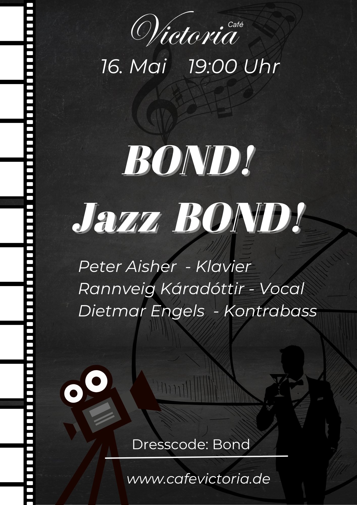 Jazz Bond Konzertplakat mit 007-Thema und Künstlerinfos.