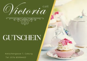 Gutschein Cafe Victoria in Coburg mit Teetasse und Cupcake.